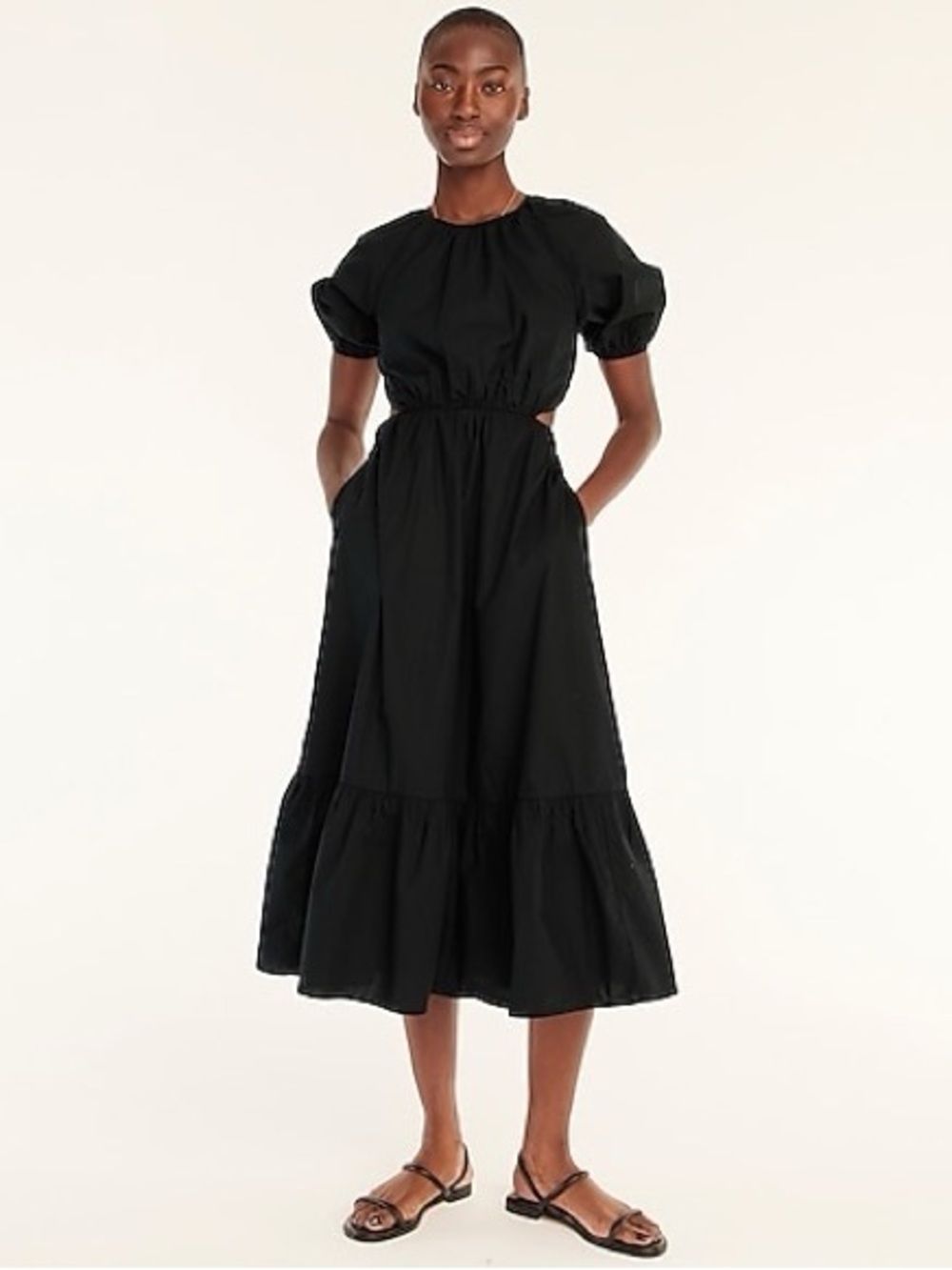 J. Crew Side-Cutout Cotton Poplin Dress Black Midi Puff Sleeve Open Back Size 6